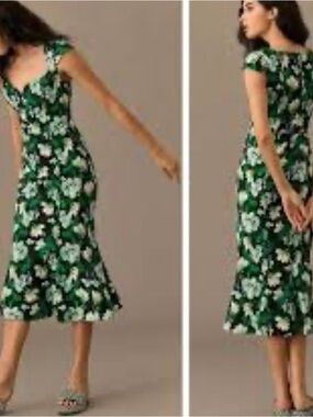 Anthropologie The Cecily Green Floral Cap-Sleeve Midi Dress